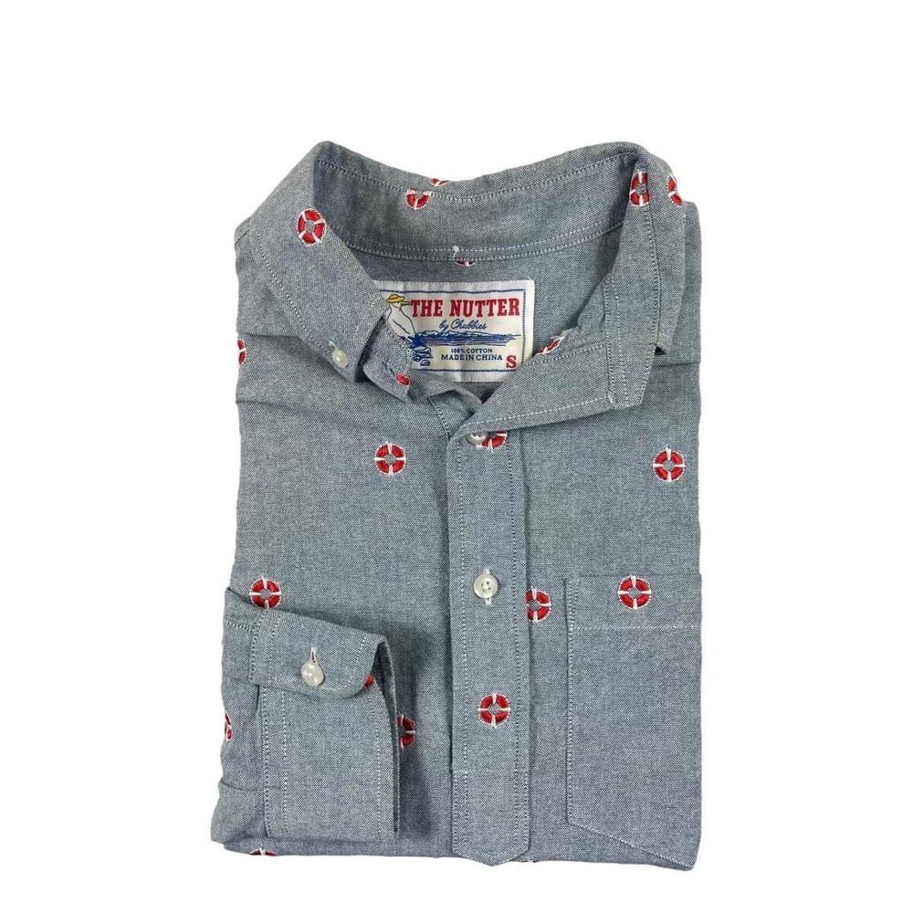 Chubbies The Nutter Blue Lifeguard AOP Embroidered LS Half Button Shirt Small